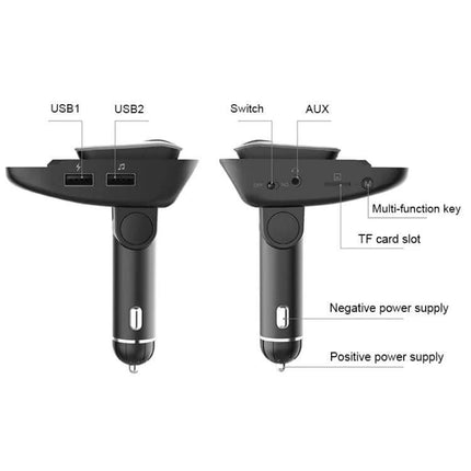 ER9 2-In-1 Car Kit Bluetooth Hands-Free With Dual USB Charger showing dual USB ports, TF card slot, AUX, switch and multifunction key