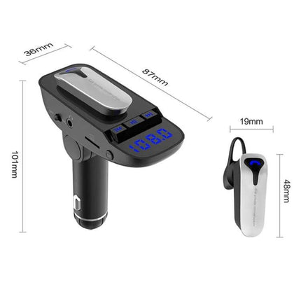ER9 2-In-1 Car Kit Bluetooth Hands-Free With Dual USB Charger shown in car with detachable Bluetooth earpiece, USB ports, TF slot and LED display