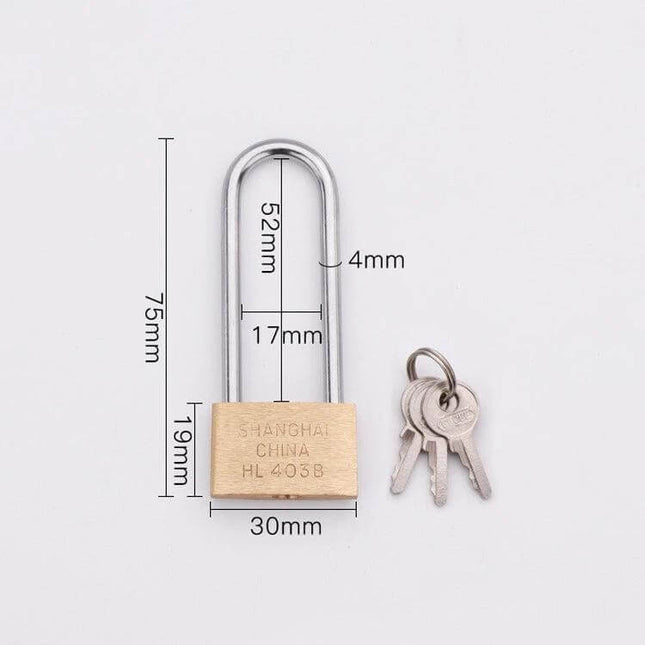 Copper Padlock Small Lock Long Beam 30mm For Backpack And Suitcase - brass body with long shackle and three keys, dimensions labeled