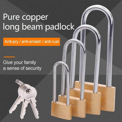 Copper Padlock Small Lock Long Beam 30mm For Backpack And Suitcase shown with keys and varying shackle lengths