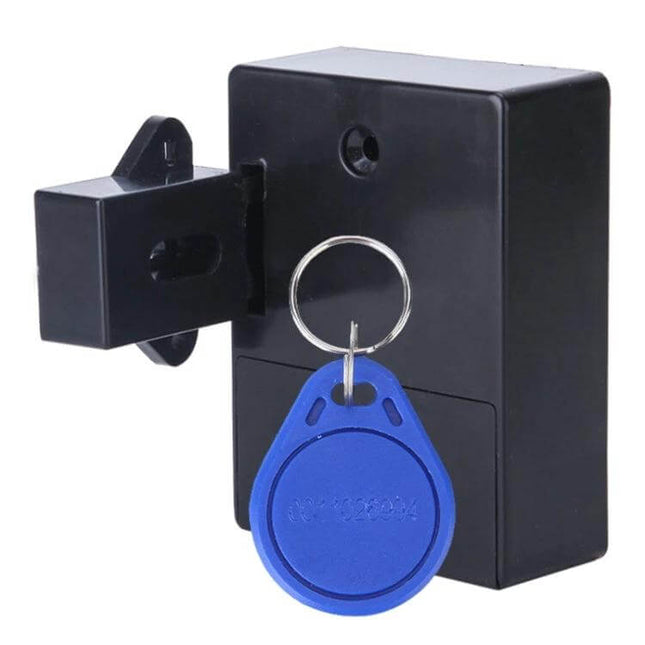 Abs Magnetic Card Induction Lock For Double Opening Cabinet Doors - black ABS lock with blue RFID key fob, battery-powered double-door cabinet access control