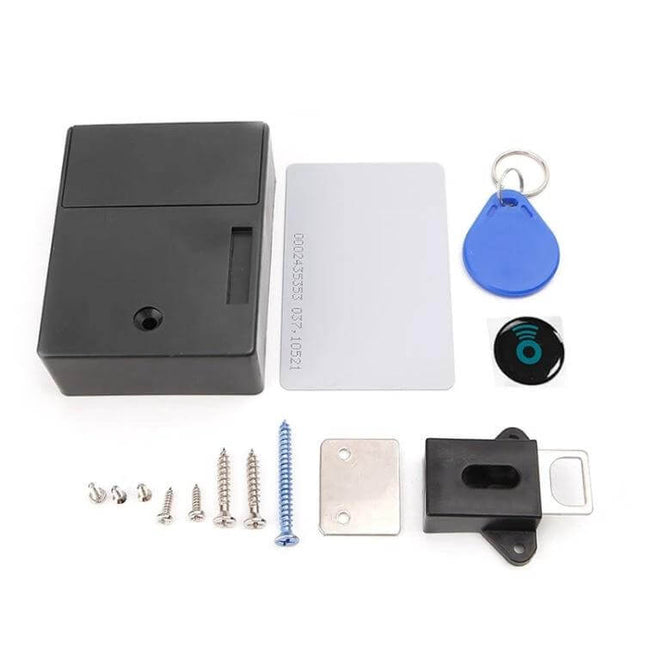 Abs Magnetic Card Induction Lock For Double Opening Cabinet Doors - ABS plastic card swipe lock kit with key fob, RFID tag, screws and latch
