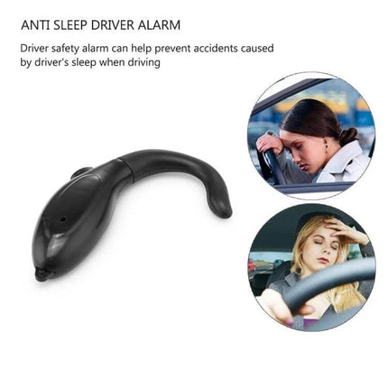 Anti-Drowsiness Ear Hook Alarm for Safe Long-Distance Driving black fish ear-hook device with driver head-tilt alert shown next to tired drivers