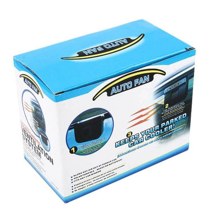 Solar Car Windshield Cooling Fan For Parked Cars Battery Free box packaging showing auto fan product and illustrations