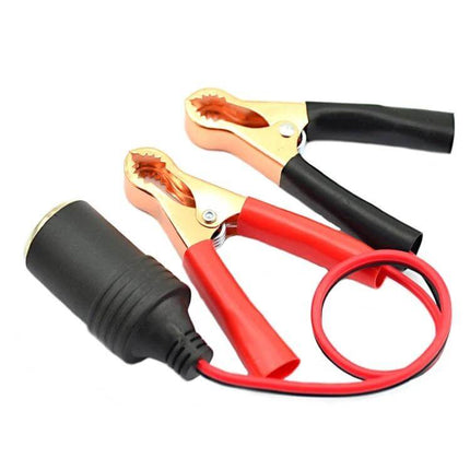 12-24V Battery Clip to Cigarette Lighter Adapter Cable Red Lead showing red and black battery clamps with cigarette lighter socket