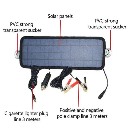 Portable Car Solar Battery Charger for 12V Vehicles - compact solar panel with cigarette lighter plug and alligator clips for maintaining 12V vehicle batteries
