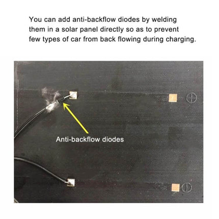 Portable Car Solar Battery Charger for 12V Vehicles showing anti-backflow diodes welded to panel with wires and labeled arrow