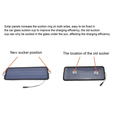 Portable Car Solar Battery Charger for 12V Vehicles showing new and old suction cup positions for car windshield mounting