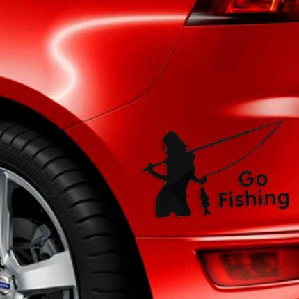 Beauty Go Reflective Fishing Car Sticker, 14cm x 8.5cm on red car rear panel showing silhouette angler and "Go Fishing" text, reflective waterproof decal