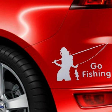 Beauty Go Reflective Fishing Car Sticker, 14cm x 8.5cm applied on red car showing reflective angler silhouette and 'Go Fishing' text for night visibility