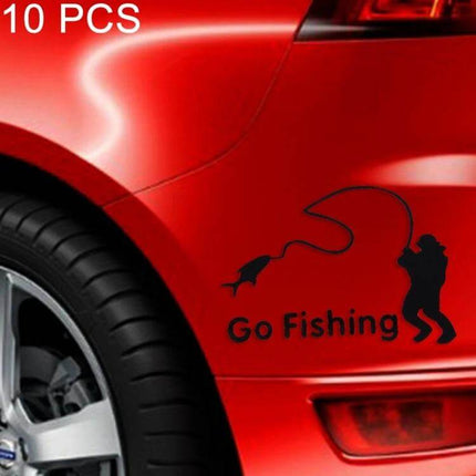 Reflective Fishing Style Car Stickers, 10 Pack, 14cm x 9.5cm - black fishing silhouette decal on red car, easy-install reflective set