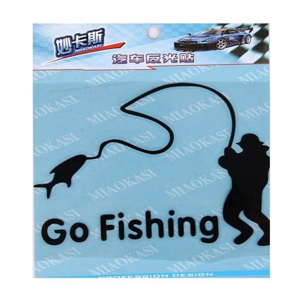 Reflective Fishing Style Car Stickers, 10 Pack, 14cm x 9.5cm - black fishing silhouette decal showing angler, fish and 'Go Fishing' text for vehicles