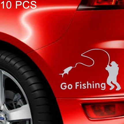 Reflective Fishing Style Car Stickers, 10 Pack, 14cm x 9.5cm - white fishing silhouette decal on red car showing angler, fish and "Go Fishing" text