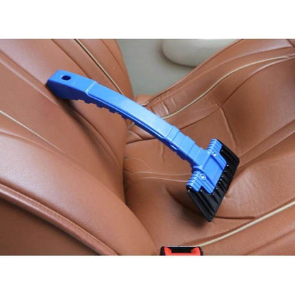 Car Snow Brush and Ice Scraper for Winter Vehicle Maintenance - blue ABS brush and scraper on car seat, clears snow ice and frost efficiently