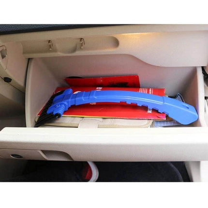 Car Snow Brush and Ice Scraper for Winter Vehicle Maintenance stored in glove compartment, compact blue snow brush and ice scraper