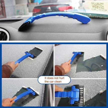 Car Snow Brush and Ice Scraper for Winter Vehicle Maintenance - blue ABS brush and scraper clearing frost from windshield and car surfaces
