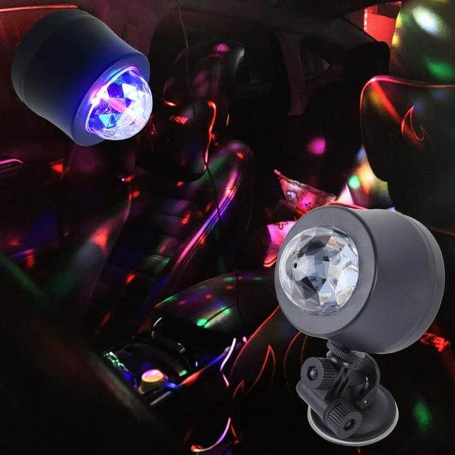 Colorful Car Atmosphere Light, Sound Activated DJ Decor With 6 RGB LEDs installed in car interior projecting multicolor sound‑responsive light