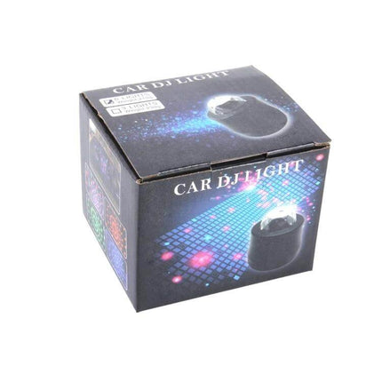 Colorful Car Atmosphere Light, Sound Activated DJ Decor With 6 RGB LEDs in retail box showing USB powered car DJ light packaging