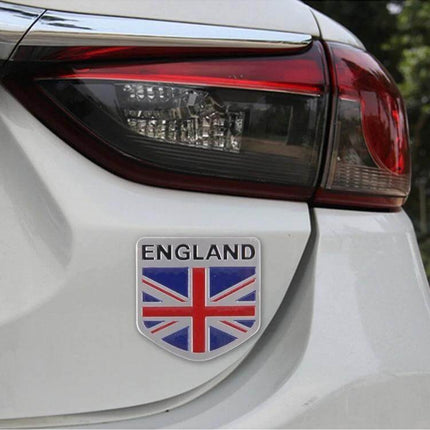 England Flag Style Metal Car Sticker for Vehicle Decoration on white car bumper showing Union Jack shield decal