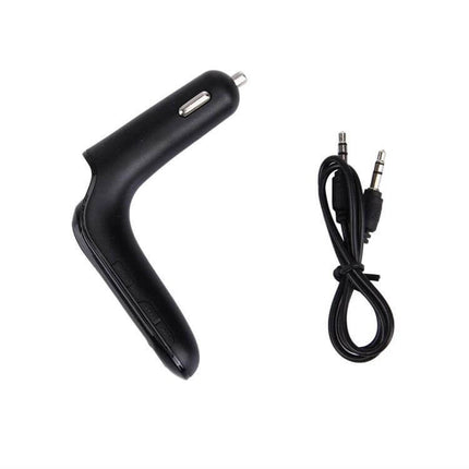 Bluetooth Car Charger With Digital Display For Mobile Phone — black L-shaped car charger with digital display and 3.5mm aux cable