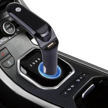 Bluetooth Car Charger With Digital Display For Mobile Phone plugged into car console USB charging and blue LED display for hands-free calls