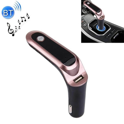 Bluetooth Car Charger With Digital Display For Mobile Phone shown in rose gold plugged into car socket, digital display, USB charging and Bluetooth music controls