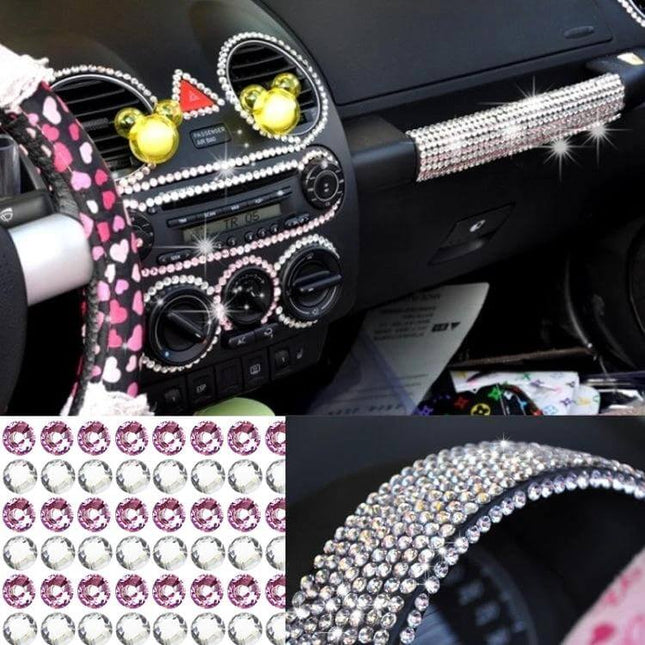 Glitter Rhinestone Stickers for Car, Phone, and Laptop Decor applied to car dashboard and steering wheel for sparkling customization