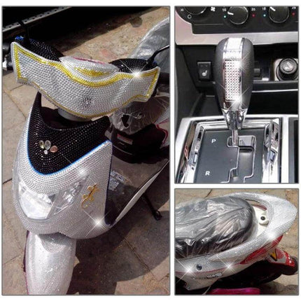 Glitter Rhinestone Stickers for Car, Phone, and Laptop Decor applied to scooter body panels and gear shift for sparkling customization