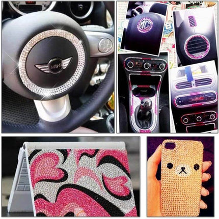 Glitter Rhinestone Stickers for Car, Phone, and Laptop Decor - resin sparkling decals on steering wheel, dashboard, phone case and laptop cover