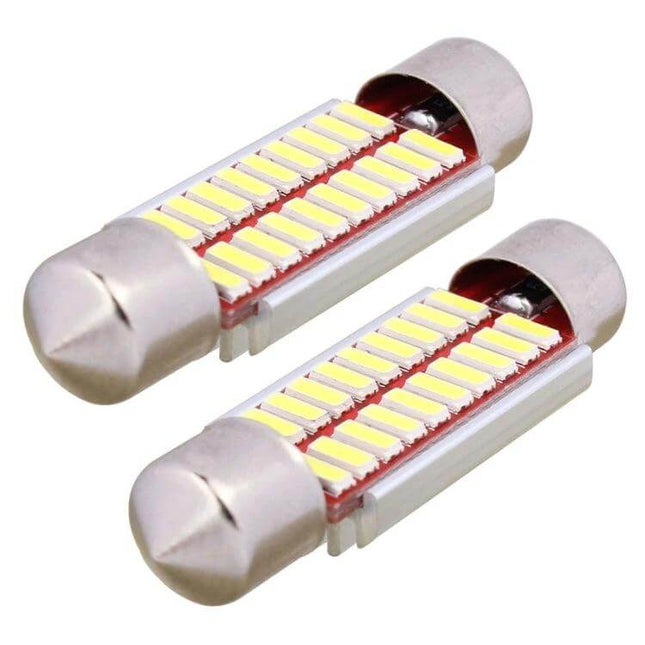 Festoon 39mm White LED License Plate Lights 2 Pack shown as two CAN bus-compatible LED festoon bulbs for license plate and interior lighting