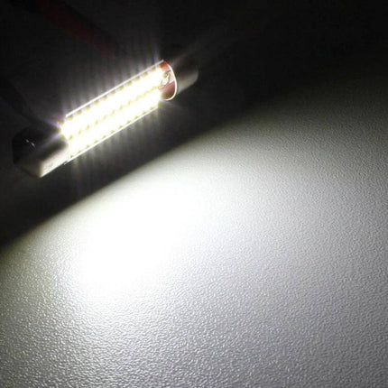 41mm License Plate Lights, 2 Pack White LED Car Bulbs glowing LED bulb with aluminum housing illuminating a license plate area