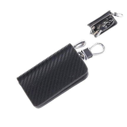 Leather Wallet with Carbon Fiber Texture for Keys and Cards compact black leather key and card holder with zipper and metal keyring