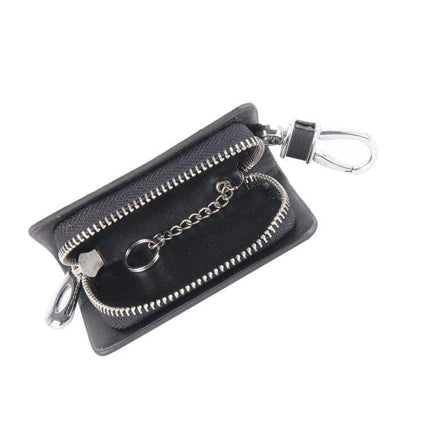 Leather Wallet with Carbon Fiber Texture for Keys and Cards - compact black leather key and card organizer with zipper, chain and clip