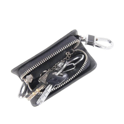 Leather Wallet with Carbon Fiber Texture for Keys and Cards - compact leather key and card organizer with zipper and metal clip
