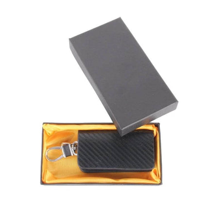 Leather Wallet with Carbon Fiber Texture for Keys and Cards in gift box, black leather key and card organizer with carbon fiber texture