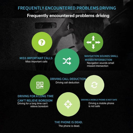 Dual USB Bluetooth FM Transmitter Car Kit MP3 Player infographic showing common driving problems like missed calls, navigation issues, boredom, and dead phone