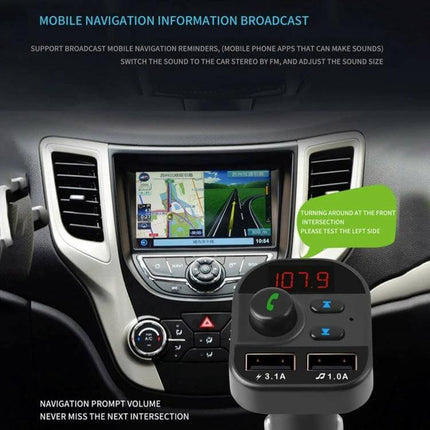 Dual USB Bluetooth FM Transmitter Car Kit MP3 Player plugged into car cigarette lighter showing dual USB ports and FM display 107.9