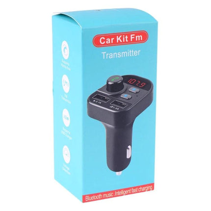 Dual USB Bluetooth FM Transmitter Car Kit MP3 Player plugged into car cigarette lighter with dual USB ports and LED frequency display