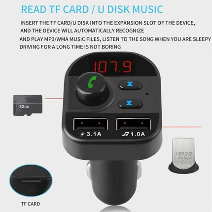 Dual USB Bluetooth FM Transmitter Car Kit MP3 Player showing dual USB ports, TF card slot, LED frequency display and call button