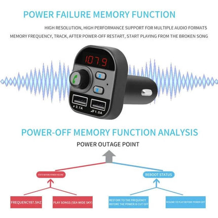 Dual USB Bluetooth FM Transmitter Car Kit MP3 Player showing display, dual USB ports, TF slot and power-off memory function