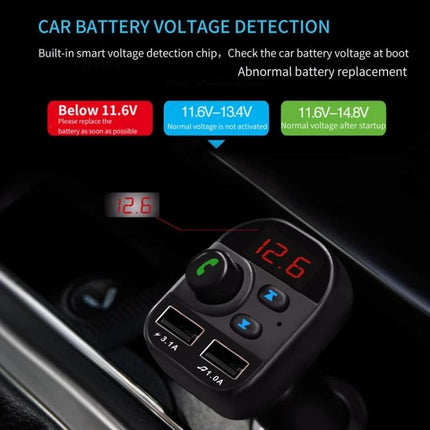 Dual USB Bluetooth FM Transmitter Car Kit MP3 Player showing car battery voltage detection display and dual USB ports