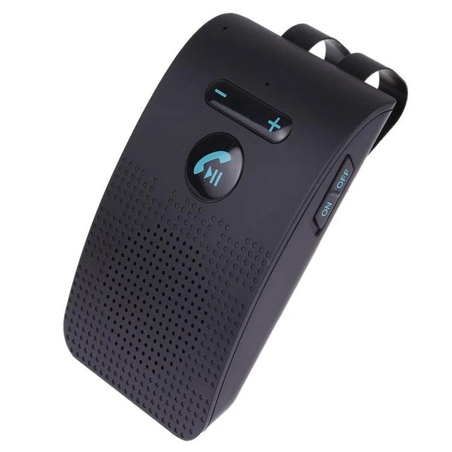 Compact Bluetooth Car Speaker For Hands Free Calls While Driving black clip-on speaker with call and volume buttons