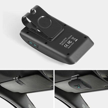 Compact Bluetooth Car Speaker For Hands Free Calls While Driving clipped to visor for safe hands-free in-car calling and commuting
