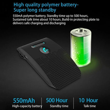 Compact Bluetooth Car Speaker For Hands Free Calls While Driving showing battery icon 550mAh 500hr standby 10hr talk time