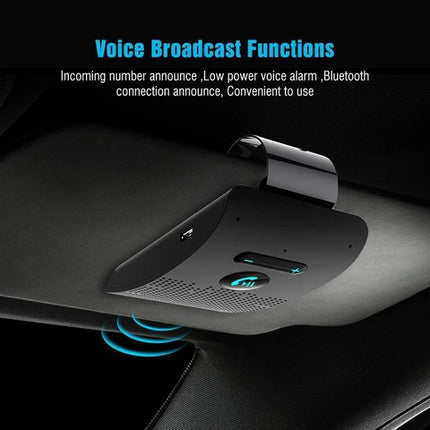 Compact Bluetooth Car Speaker For Hands Free Calls While Driving mounted on sun visor with voice broadcast functions and controls