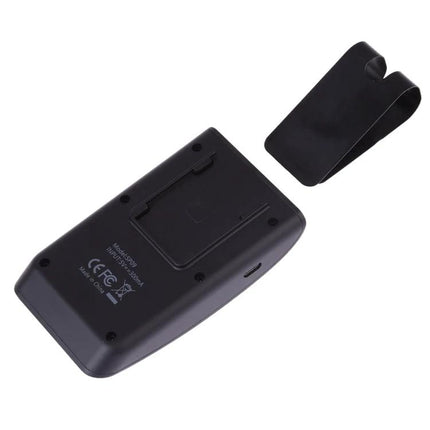 Compact Bluetooth Car Speaker For Hands Free Calls While Driving shown from rear with belt clip and charging port