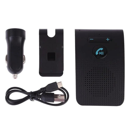 Compact Bluetooth Car Speaker For Hands Free Calls While Driving shown with car charger mount and USB cable