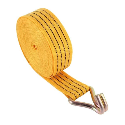 Heavy Duty Cable for Securing Vehicles on Road Trips - yellow heavy-duty strap with metal hook for towing and securing cargo