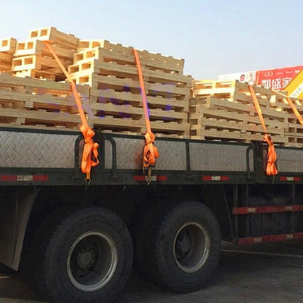 Heavy Duty Cable for Securing Vehicles on Road Trips securing wooden pallets on a flatbed trailer with orange ratchet straps