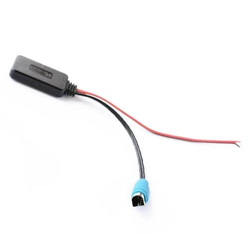Alpine Wireless Bluetooth Car Audio Adapter for Stereos shown with wiring harness and blue connector for car stereo installation